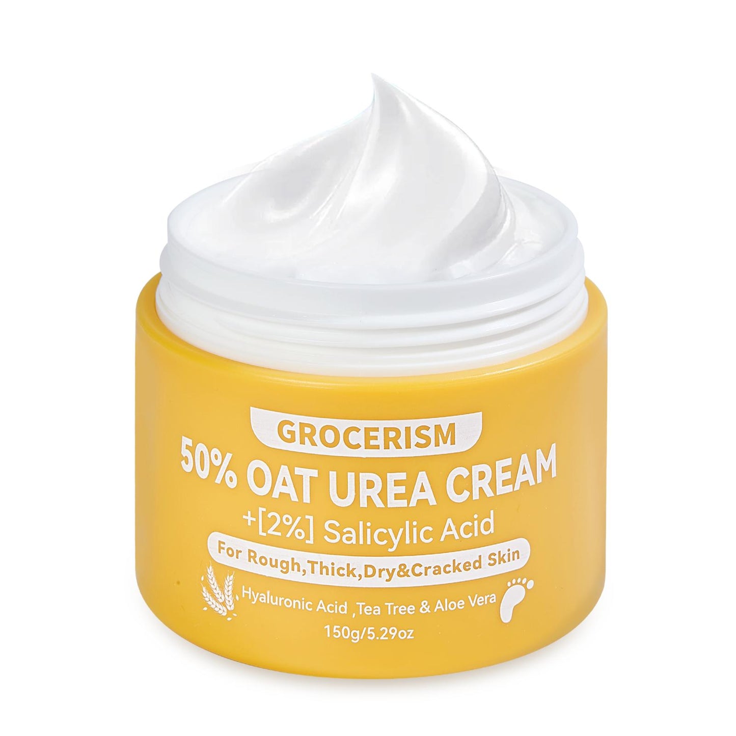 Grocerism 50% Urea Cream with Oat Extract for Sensitive Skin | Foot & Hand Cream with 2% Salicylic Acid, Hyaluronic Acid, Tea Tree & Aloe Vera,for Deep Hydration, Callus Removal, Beneficial for Cracked Heels and Hands 5.29 oz
