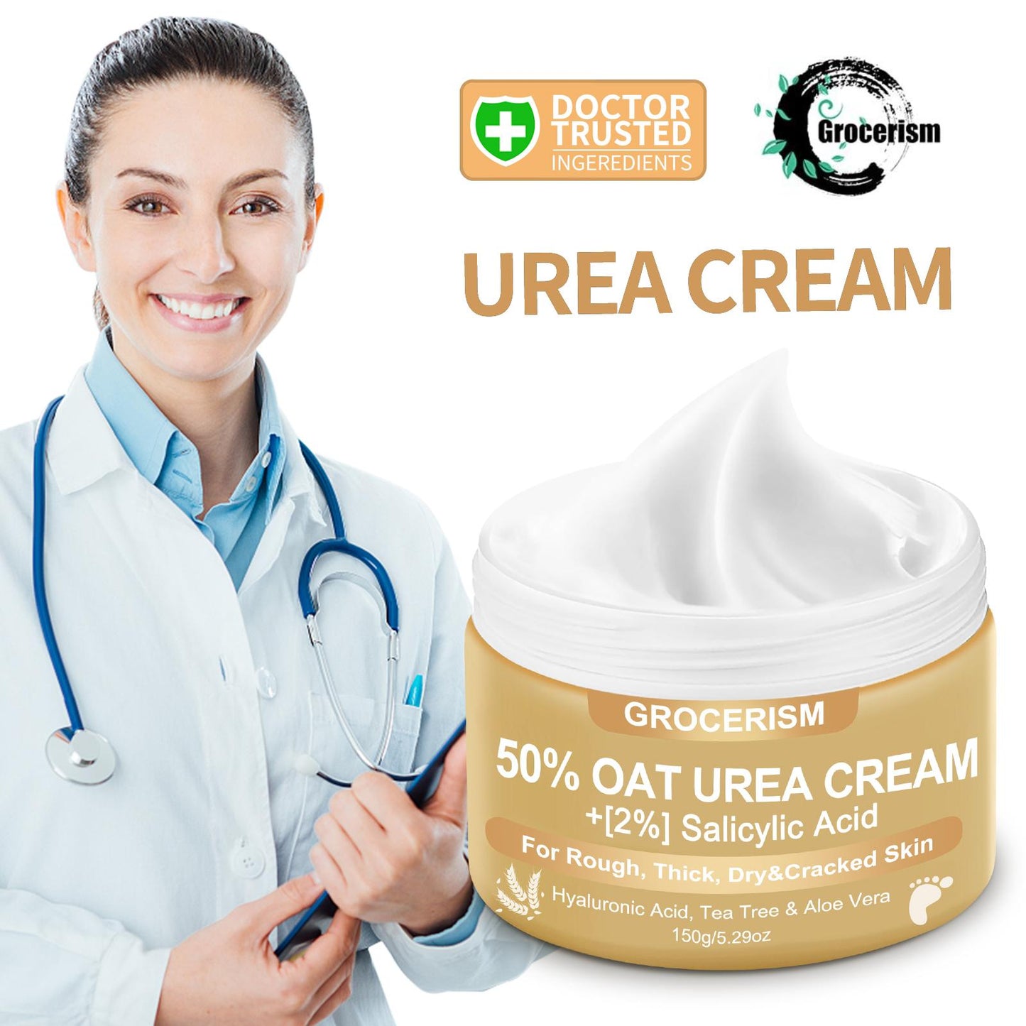 Grocerism 50% Urea Cream with Oat Extract for Sensitive Skin | Foot & Hand Cream with 2% Salicylic Acid, Hyaluronic Acid, Tea Tree & Aloe Vera,for Deep Hydration, Callus Removal, Beneficial for Cracked Heels and Hands 5.29 oz