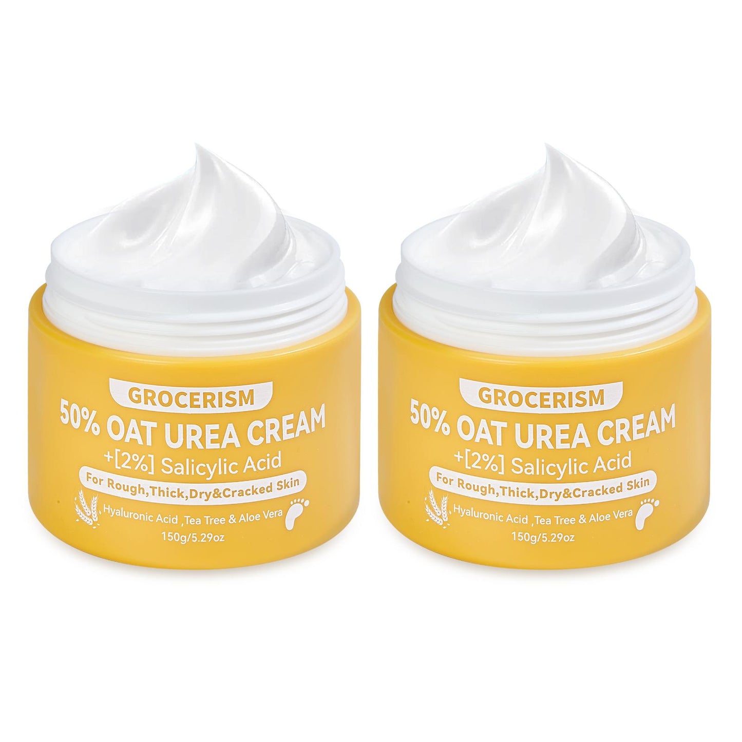 Grocerism 50% Urea Cream with Oat Extract for Sensitive Skin | Foot & Hand Cream with 2% Salicylic Acid, Hyaluronic Acid, Tea Tree & Aloe Vera,for Deep Hydration, Callus Removal, Beneficial for Cracked Heels and Hands 5.29 oz