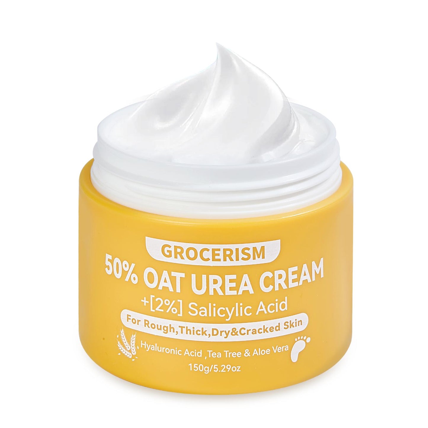 Grocerism 50% Urea Cream with Oat Extract for Sensitive Skin | Foot & Hand Cream with 2% Salicylic Acid, Hyaluronic Acid, Tea Tree & Aloe Vera，for Deep Hydration, Callus Removal, Beneficial for Cracked Heels and Hands 5.29 oz