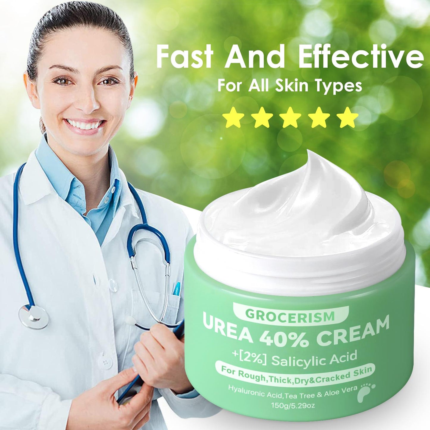 Grocerism Urea Cream 40 Percent For Feet Plus 2% Salicylic Acid 5.29 oz, Foot Cream and Hand Cream Maximum Strength with Hyaluronic Acid, Tea Tree, and Aloe Vera For Deep Moisturizes, Callus Remover and Soften All Skin Types, Hydrating