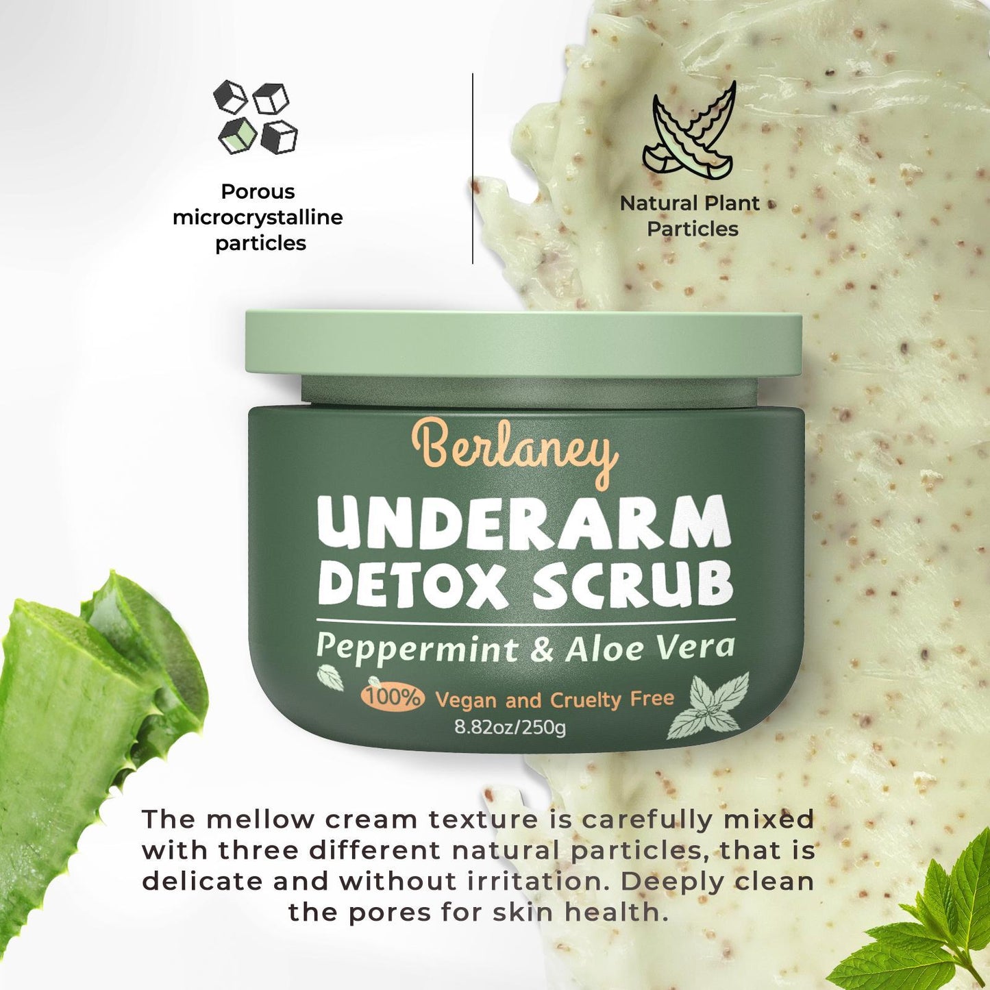 Body Scrub and Armpit Detox Scrub 8.8 oz with Peppermint, Aloe Vera and Walnut Shell Powder, Underarm Scrub Helps on Removing Odor, Deep Cleanse, for Legs, Knee, Feet, Hands, Whole Body, Native Deodorant