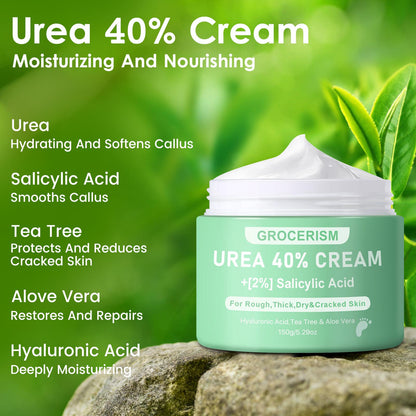 Grocerism Urea Cream 40 Percent For Feet Plus 2% Salicylic Acid 5.29 oz, Foot Cream and Hand Cream Maximum Strength with Hyaluronic Acid, Tea Tree, and Aloe Vera For Deep Moisturizes, Callus Remover and Soften All Skin Types, Hydrating