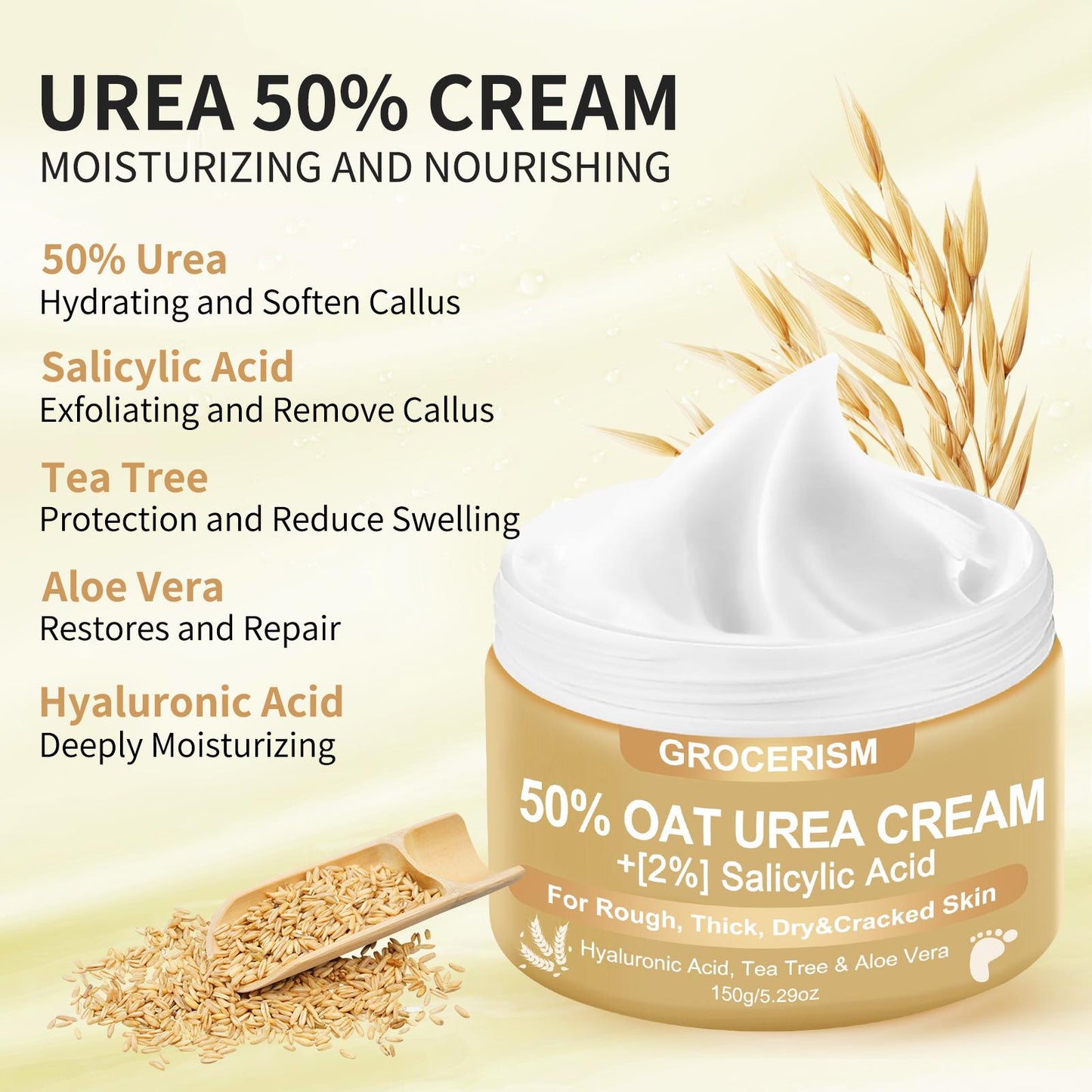 Grocerism 50% Urea Cream with Oat Extract for Sensitive Skin | Foot & Hand Cream with 2% Salicylic Acid, Hyaluronic Acid, Tea Tree & Aloe Vera，for Deep Hydration, Callus Removal, Beneficial for Cracked Heels and Hands 5.29 oz