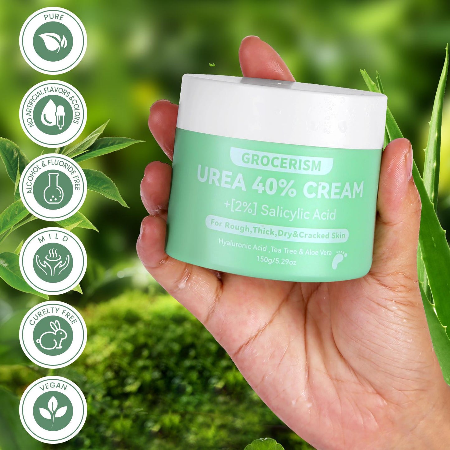 Grocerism Urea Cream 40 Percent For Feet Plus 2% Salicylic Acid 5.29 oz, Foot Cream and Hand Cream Maximum Strength with Hyaluronic Acid, Tea Tree, and Aloe Vera For Deep Moisturizes, Callus Remover and Soften All Skin Types, Hydrating