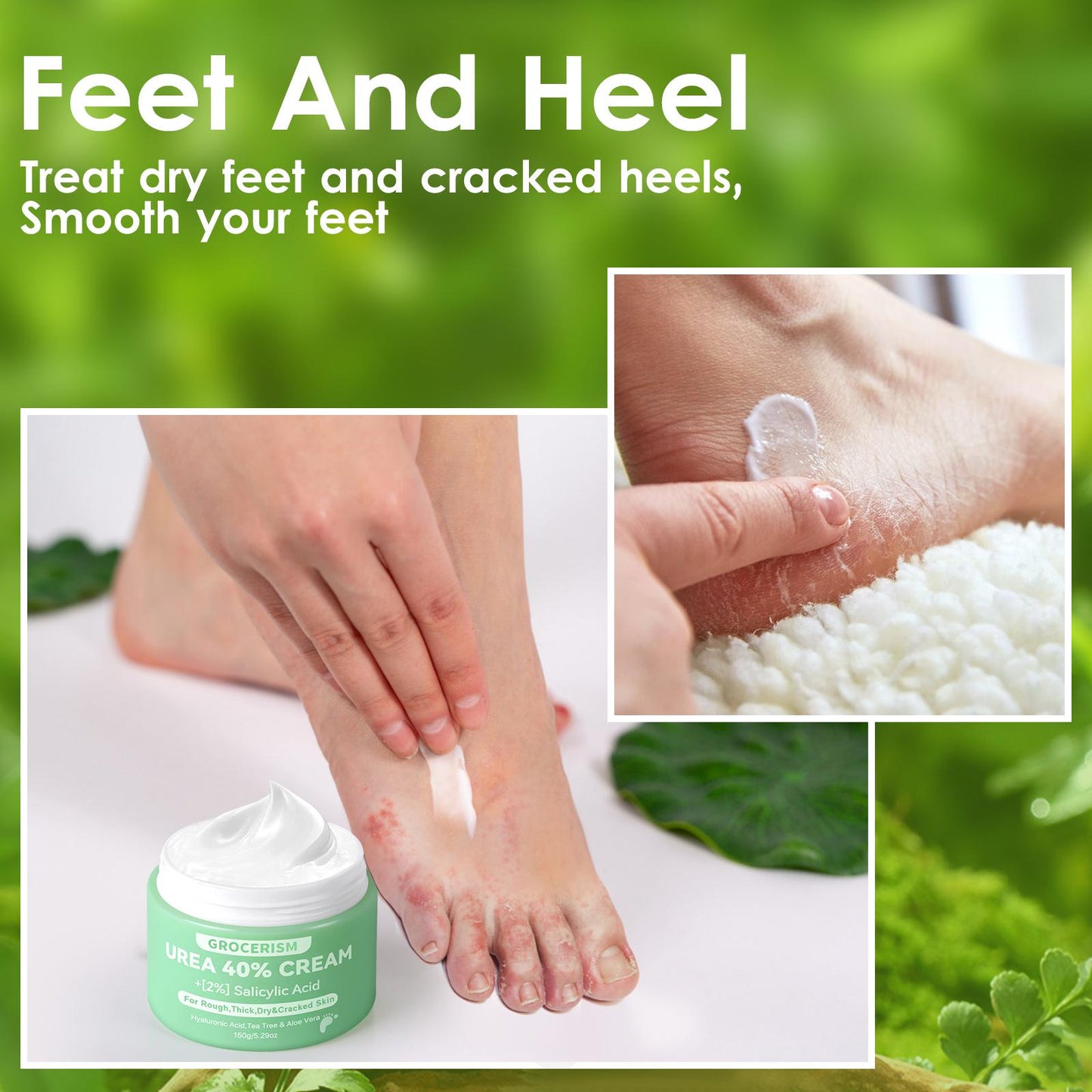 Grocerism Urea Cream 40 Percent For Feet Plus 2% Salicylic Acid 5.29 oz, Foot Cream and Hand Cream Maximum Strength with Hyaluronic Acid, Tea Tree, and Aloe Vera For Deep Moisturizes, Callus Remover and Soften All Skin Types, Hydrating