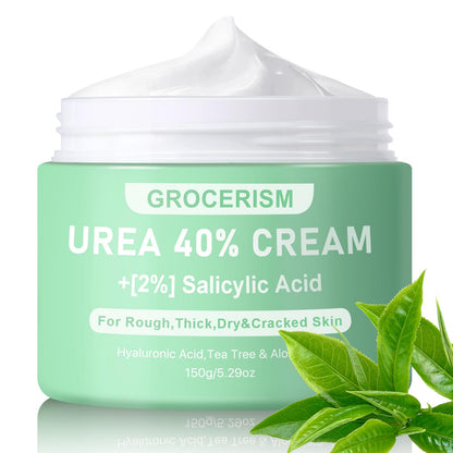 Grocerism Urea Cream 40 Percent For Feet Plus 2% Salicylic Acid 5.29 oz, Foot Cream and Hand Cream Maximum Strength with Hyaluronic Acid, Tea Tree, and Aloe Vera For Deep Moisturizes, Callus Remover and Soften All Skin Types, Hydrating